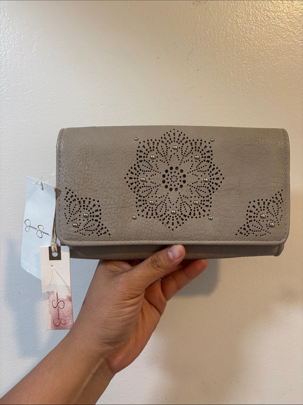 Jessica Simpson Gray Laser-Cut Floral Studded Fold Wallet